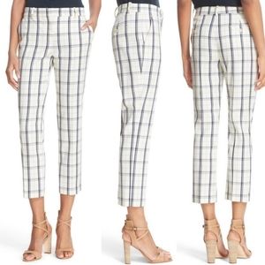 Theory Trecca White Navy Blue Grid Dress Pants Mix Check Ankle Preppy Office New